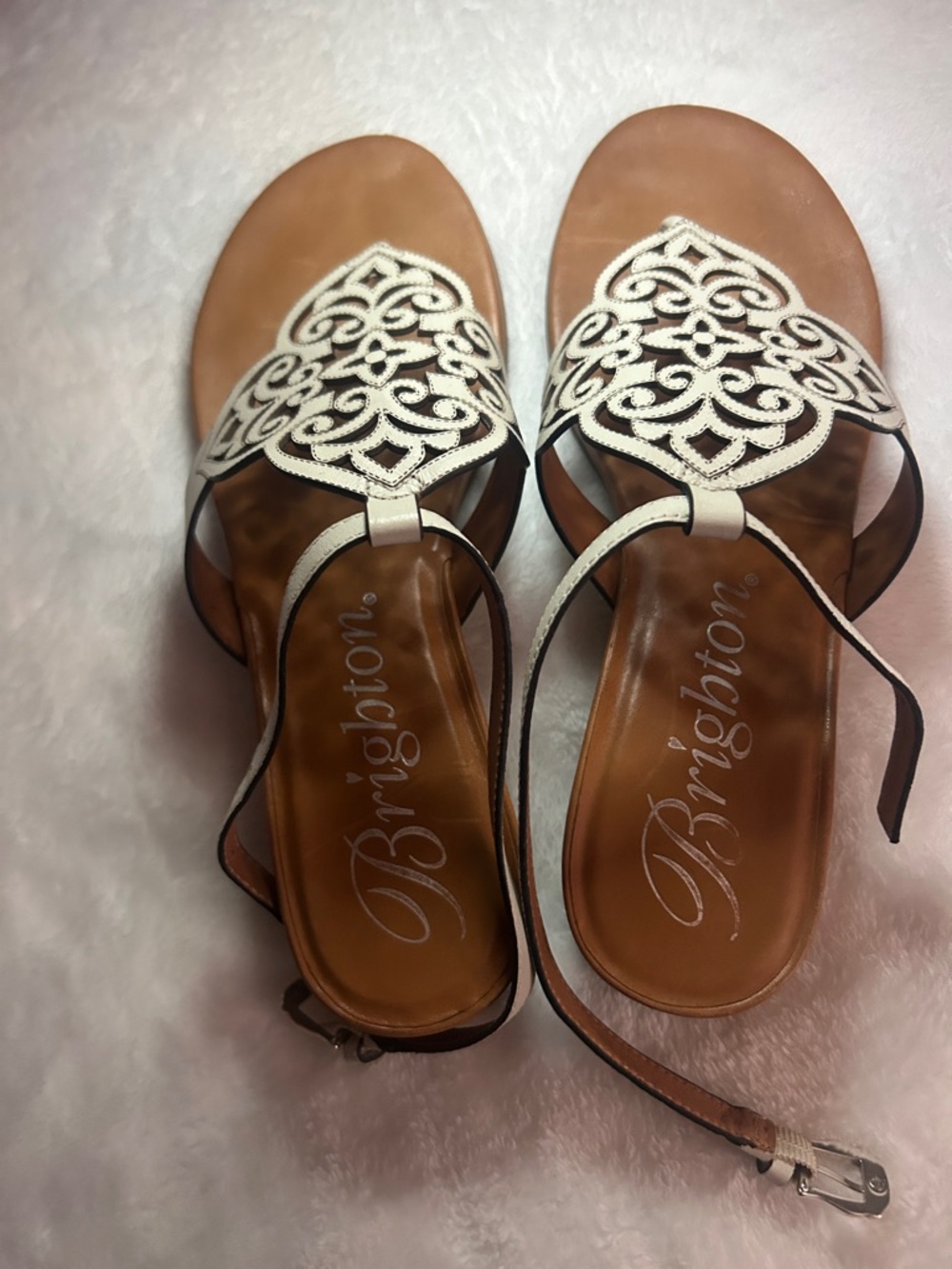 Brighton Tan Leather Sandals with White Embroidered Upper